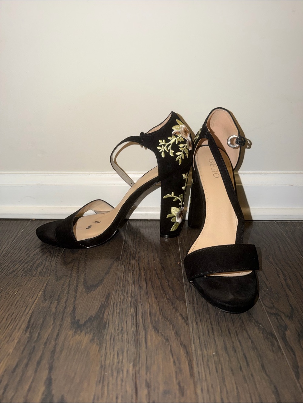 Black Embroidered Block Heel Sandals with Ankle Strap
